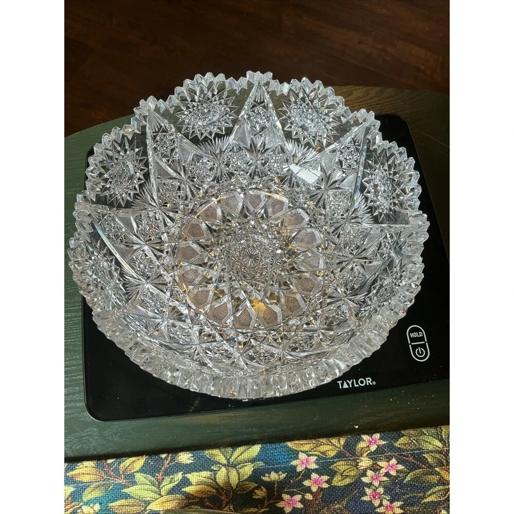 American Brilliant Lead Cut Glass Bowl 8.25 Inch Clear Antique Sawtooth Edge